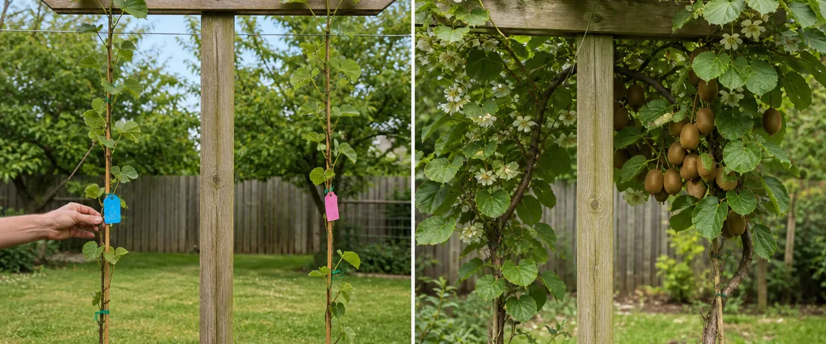 Photorealistic before-and-after garden with a hand placing clearly different but text-free male and female kiwi nursery tags beside two young vines on a strong T-trellis before the trained mature female vine carries a modest realistic kiwi crop