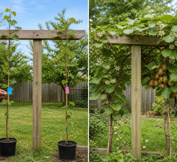 Photorealistic before-and-after garden with a hand placing clearly different but text-free male and female kiwi nursery tags beside two young vines on a strong T-trellis before the trained mature female vine carries a modest realistic kiwi crop