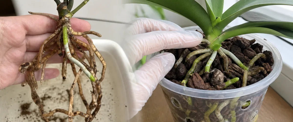 Photorealistic before-and-after orchid rescue with hands inspecting a leafless Phalaenopsis that has many dead roots but one firm green stem strip before it develops fresh green roots and early leaf growth in a ventilated clear pot