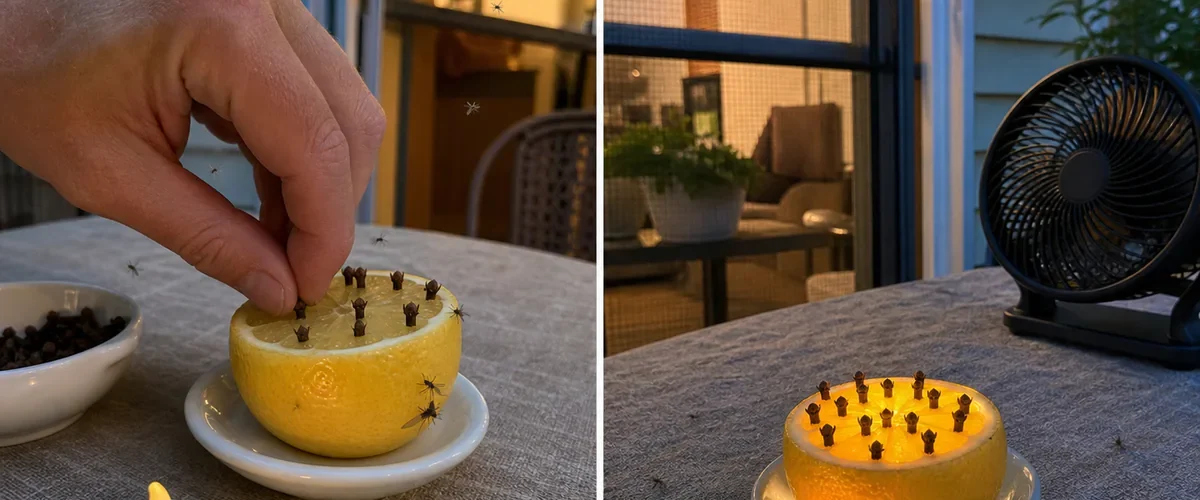 Photorealistic before-and-after patio table with a hand pressing cloves into a lemon beside a flameless light and realistic mosquitoes before a screened door and fan reduce their presence
