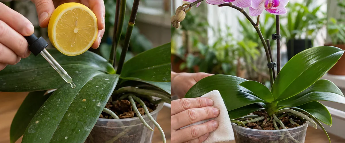 Photorealistic before-and-after orchid leaf care with a hand pausing concentrated lemon juice above a spotted leaf before gently wiping with plain water and revealing healthy natural gloss and flowers
