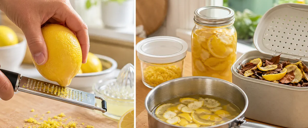 Photorealistic before-and-after kitchen worktop with a hand zesting a clean fresh lemon before squeezed peels are organized beside frozen zest, a watched simmer pan, a labeled vinegar jar, and a small compost caddy