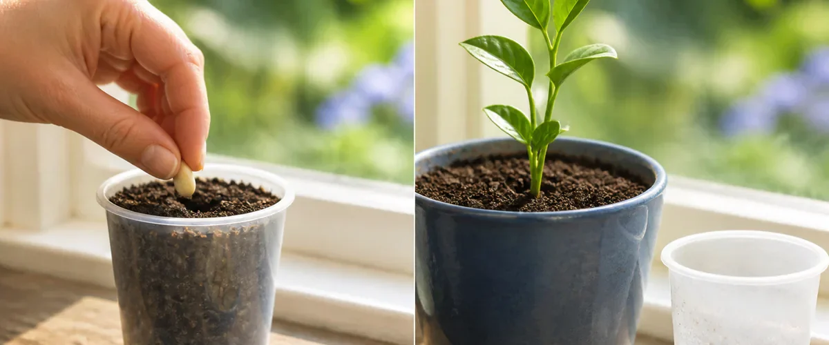 Photorealistic before-and-after windowsill with a hand planting a clean lemon seed in a small draining cup before transplanting a rooted glossy seedling into a slightly larger citrus pot while the cup remains visibly empty