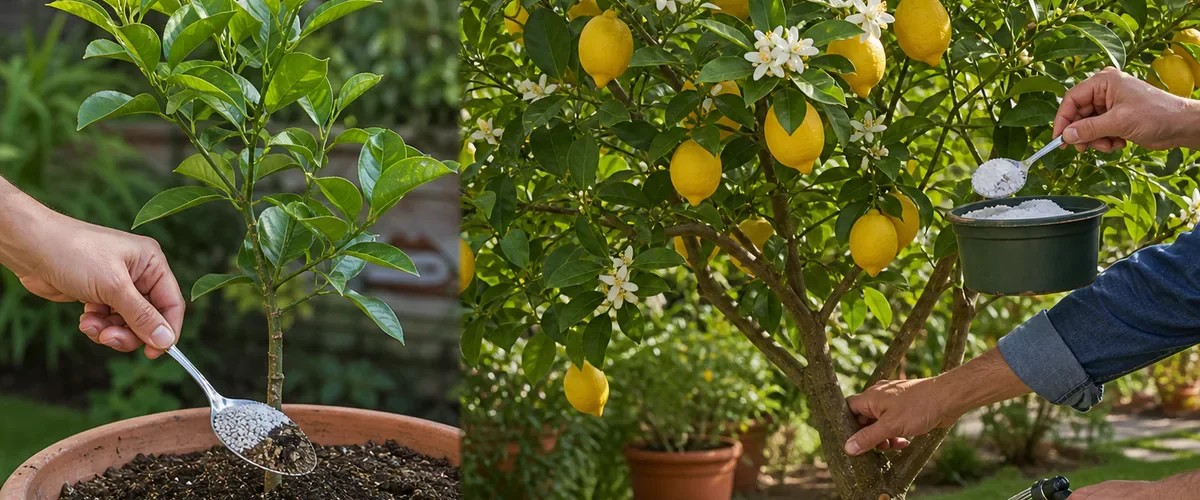Photorealistic before-and-after lemon tree with a hand pausing over a young fruitless tree with a spoon of concentrated fertilizer ingredients before a mature sunny tree carries a generous believable crop after measured feeding and root-zone watering