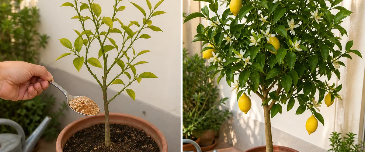 Photorealistic before-and-after potted lemon tree with a hand holding one spoon of a homemade mixture over a sparse plant before the same tree appears naturally fuller with blossoms and a few lemons