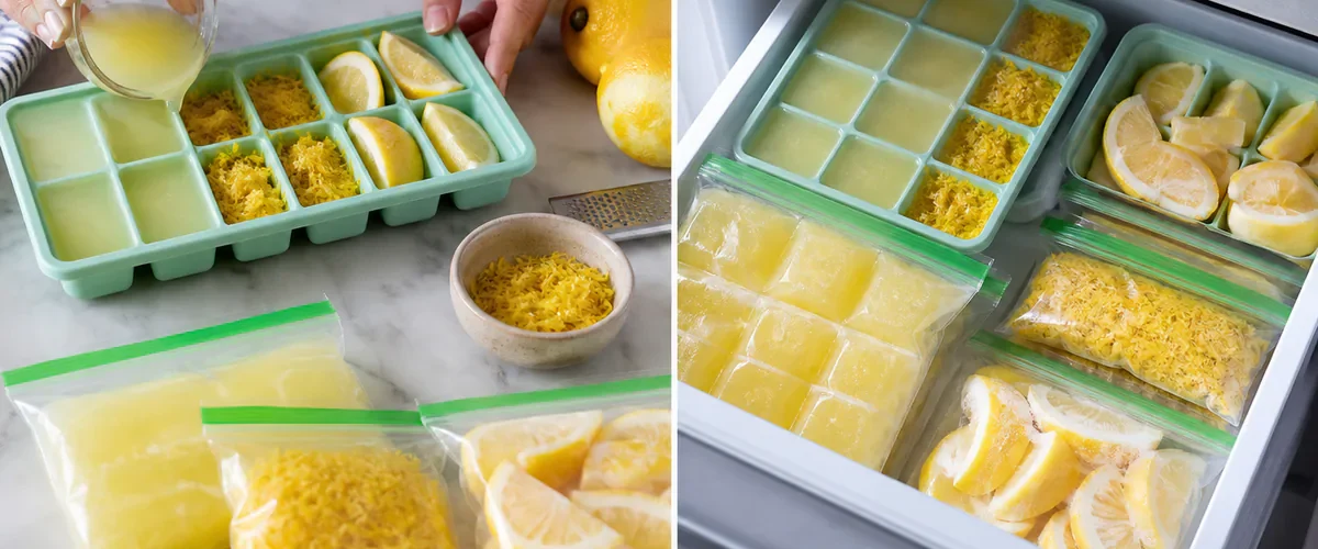 Photorealistic before-and-after kitchen scene with a hand dividing fresh lemon juice zest and wedges into clean ice trays and freezer bags before neatly labeled frozen portions remain bright beside discarded moldy lemons no longer present