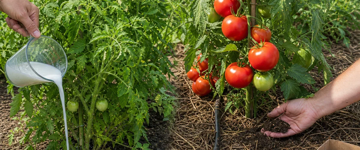 Photorealistic before-and-after tomato garden with a hand pouring cloudy milk and baking soda mixture at an overly leafy plant before a supported sunlit plant produces large believable red fruit with steady root watering
