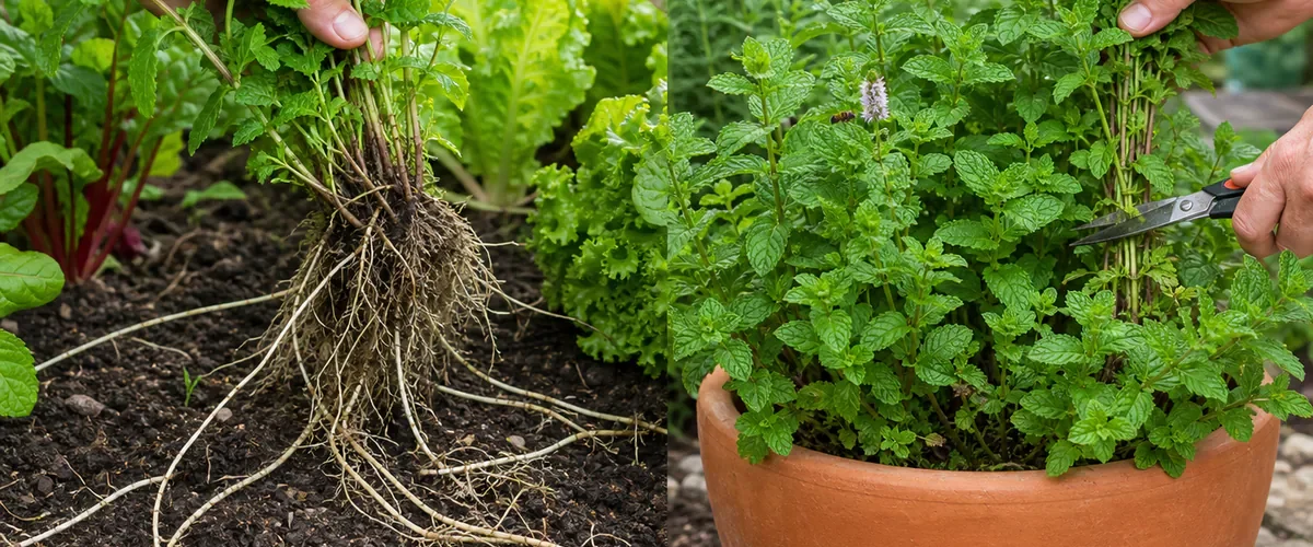 Photorealistic before-and-after mint growing with a hand discovering aggressive mint runners spreading through a garden bed before planting a rooted mint division in a wide draining container and harvesting lush controlled stems