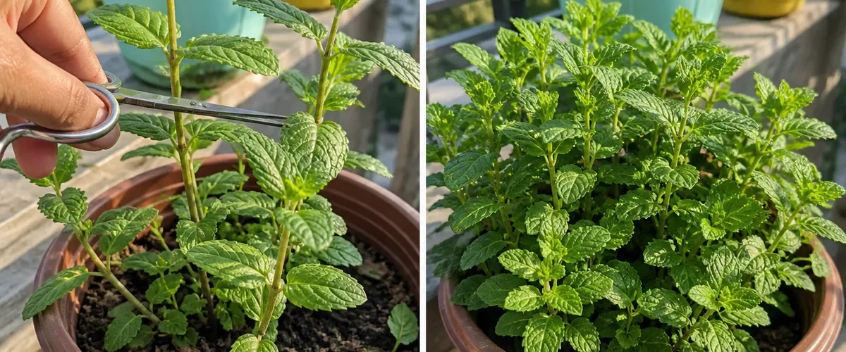 Photorealistic before-and-after balcony herb garden with a hand pruning a tall sparse mint stem just above a leaf node in a wide draining pot before the same plant has many believable bushy fragrant side branches