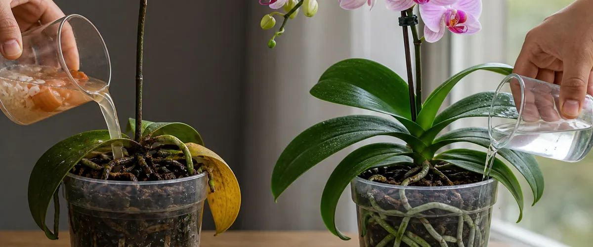 Photorealistic before-and-after orchid care with a hand pouring cloudy onion-peel rice water into soggy bark before the same Phalaenopsis grows healthy roots and many blooms under bright indirect light with one measured cup of diluted fertilizer