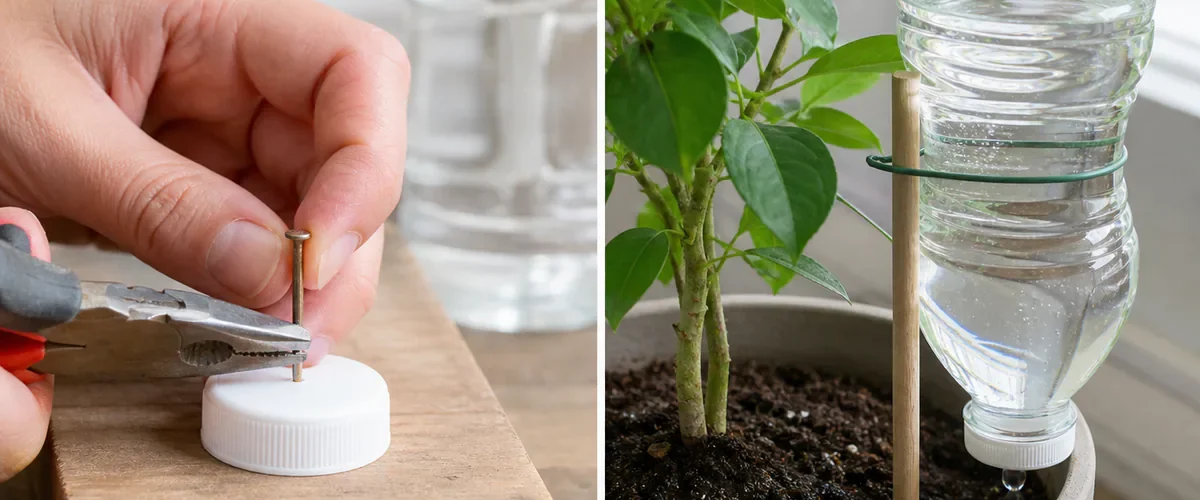 Photorealistic before-and-after plant-care scene with a hand using a fine nail to make one tiny hole in a clean bottle cap before the supported inverted water bottle drips slowly into a draining pot and the plant remains modestly healthy