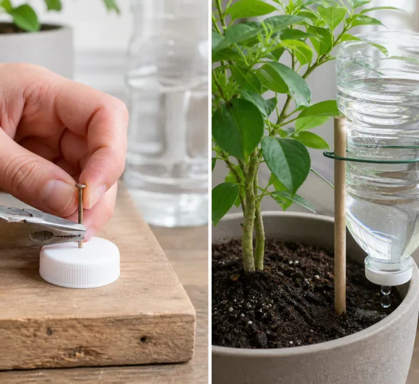 Photorealistic before-and-after plant-care scene with a hand using a fine nail to make one tiny hole in a clean bottle cap before the supported inverted water bottle drips slowly into a draining pot and the plant remains modestly healthy