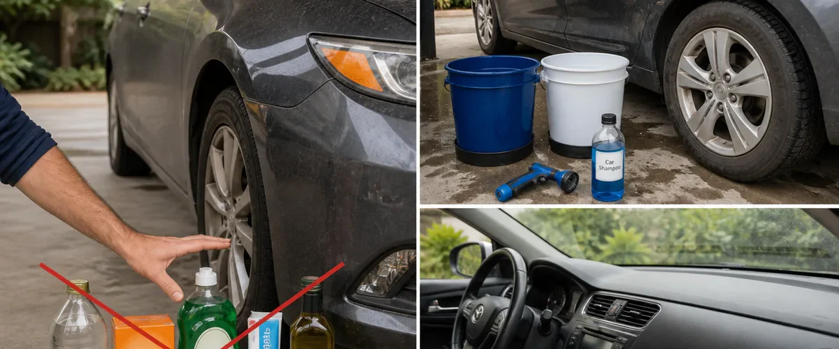 Photorealistic before-and-after car care with a hand setting vinegar baking soda and olive oil aside before using two wash buckets automotive shampoo microfiber and a vacuum to create a clean protected finish