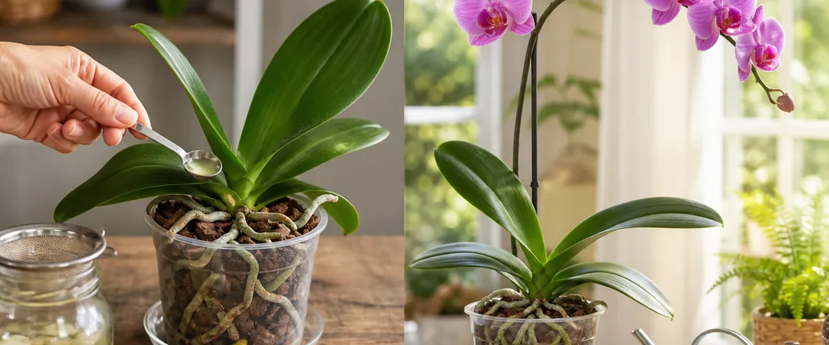 Photorealistic before-and-after orchid care with a hand adding a very small amount of strained garlic tonic beside a healthy pot before bright filtered light firm roots and a realistic arch of fresh blooms