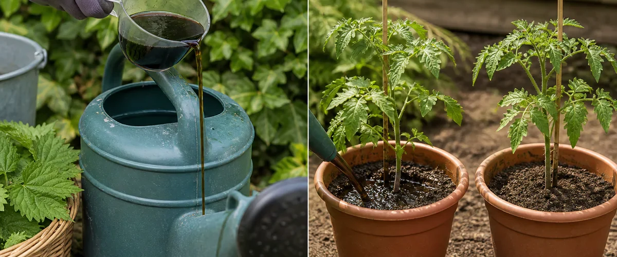 Photorealistic before-and-after outdoor garden bench with a gloved hand measuring dark strained nettle liquid into a large watering can of clear water before one tested plant shows modest healthy leafy growth beside an untreated comparison