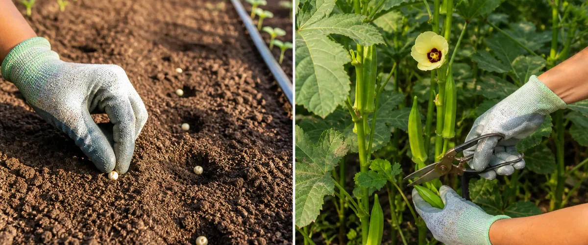 Photorealistic before-and-after sunny garden row with a gloved hand planting soaked okra seed into warm draining soil before tall healthy flowering plants produce a realistic daily basket of small tender green pods cut with pruners
