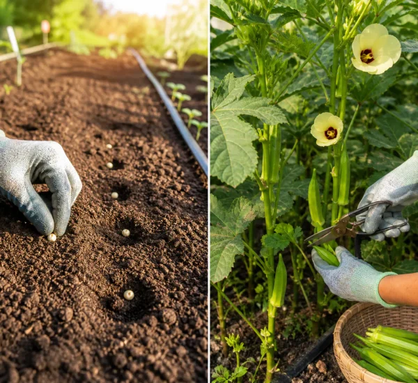 Photorealistic before-and-after sunny garden row with a gloved hand planting soaked okra seed into warm draining soil before tall healthy flowering plants produce a realistic daily basket of small tender green pods cut with pruners
