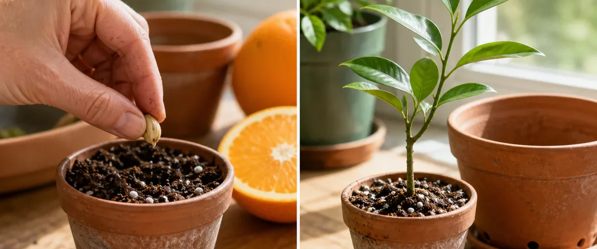 Photorealistic before-and-after orange seed project with a hand planting one washed seed into airy potting mix before the same small pot holds a healthy glossy citrus seedling without fruit