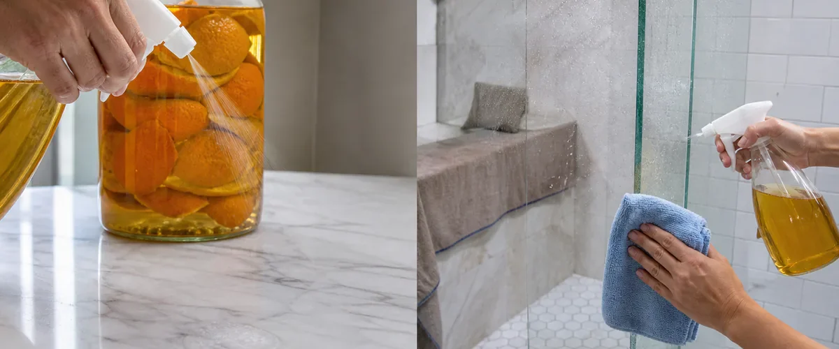 Photorealistic before-and-after orange cleaner with a hand spraying golden orange-peel vinegar near an etched marble patch before the strained infusion is used correctly on acid-safe glass and sealed ceramic tile