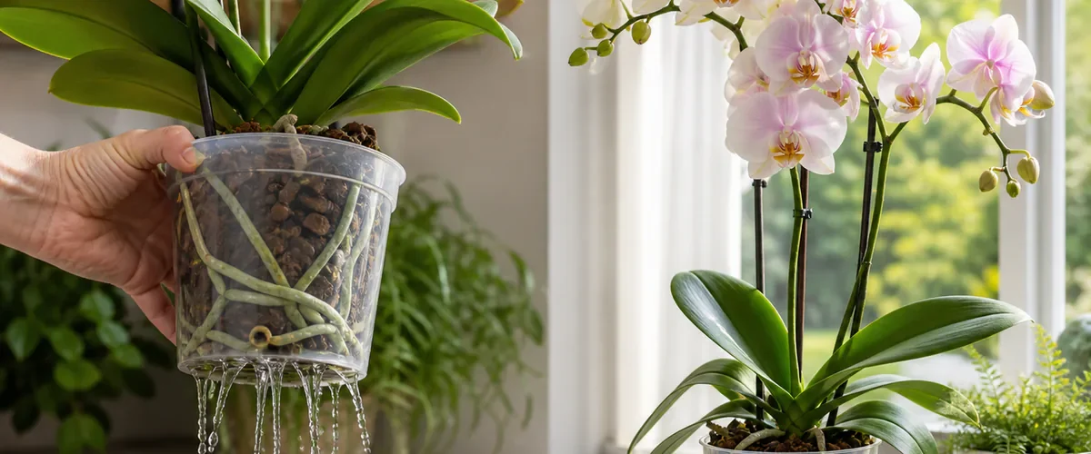 Photorealistic before-and-after Phalaenopsis with a hand draining a clear ventilated pot of healthy roots and bark before the same orchid carries two graceful spikes of believable white and blush flowers