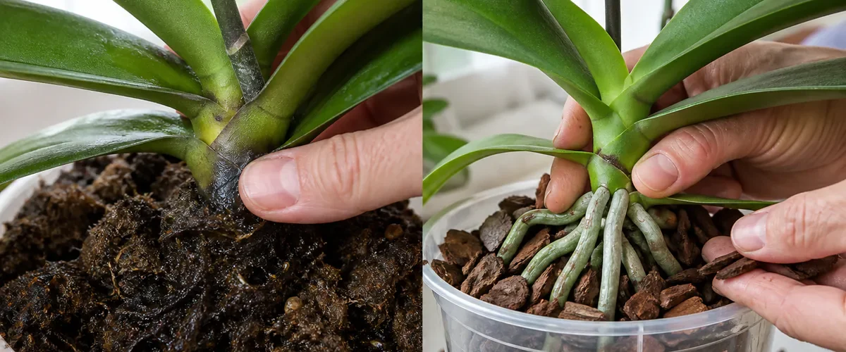 Photorealistic before-and-after Phalaenopsis with a hand pressing the crown too deeply into wet moss before healthy firm roots sit in airy bark with the lowest leaves and central growing point fully exposed