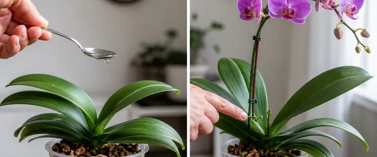 Photorealistic before-and-after orchid care with a hand pausing an unknown tonic above a flowerless plant before pointing to a tiny real flower spike that later develops into a believable arch of blooms