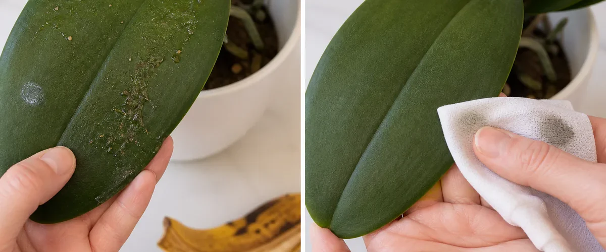 Photorealistic before-and-after orchid scene with a hand finding sticky banana-peel residue and dust on a leaf before gently wiping it with a clean damp cloth while supporting the leaf and keeping the healthy crown completely dry