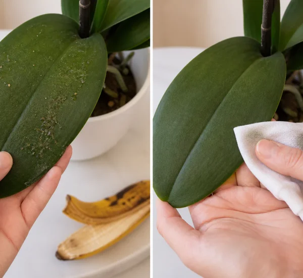 Photorealistic before-and-after orchid scene with a hand finding sticky banana-peel residue and dust on a leaf before gently wiping it with a clean damp cloth while supporting the leaf and keeping the healthy crown completely dry
