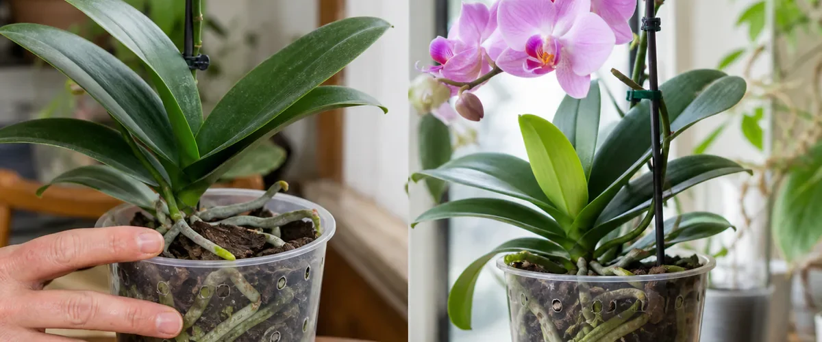 Photorealistic before-and-after Phalaenopsis orchid with a hand checking airy bark and healthy roots after the last flower falls before a new leaf spike and modest natural spray of flowers appear months later
