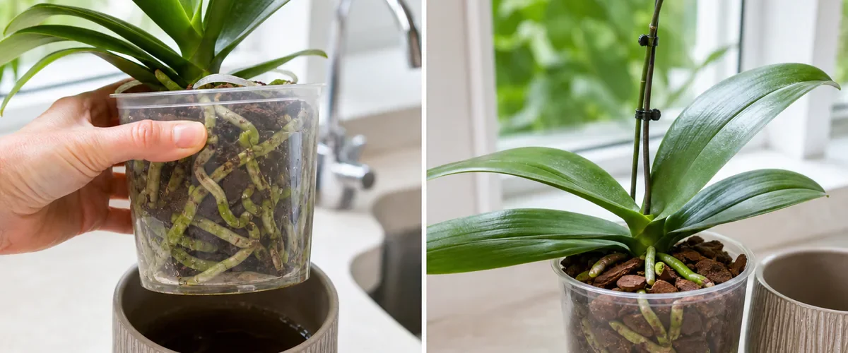 Photorealistic before-and-after orchid care scene with a hand lifting a clear pot to inspect silvery firm roots and hidden standing water before the same orchid has green drained roots, dry crown, airy bark, and believable healthy flowers