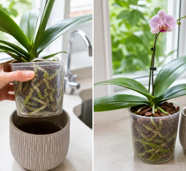 Photorealistic before-and-after orchid care scene with a hand lifting a clear pot to inspect silvery firm roots and hidden standing water before the same orchid has green drained roots, dry crown, airy bark, and believable healthy flowers