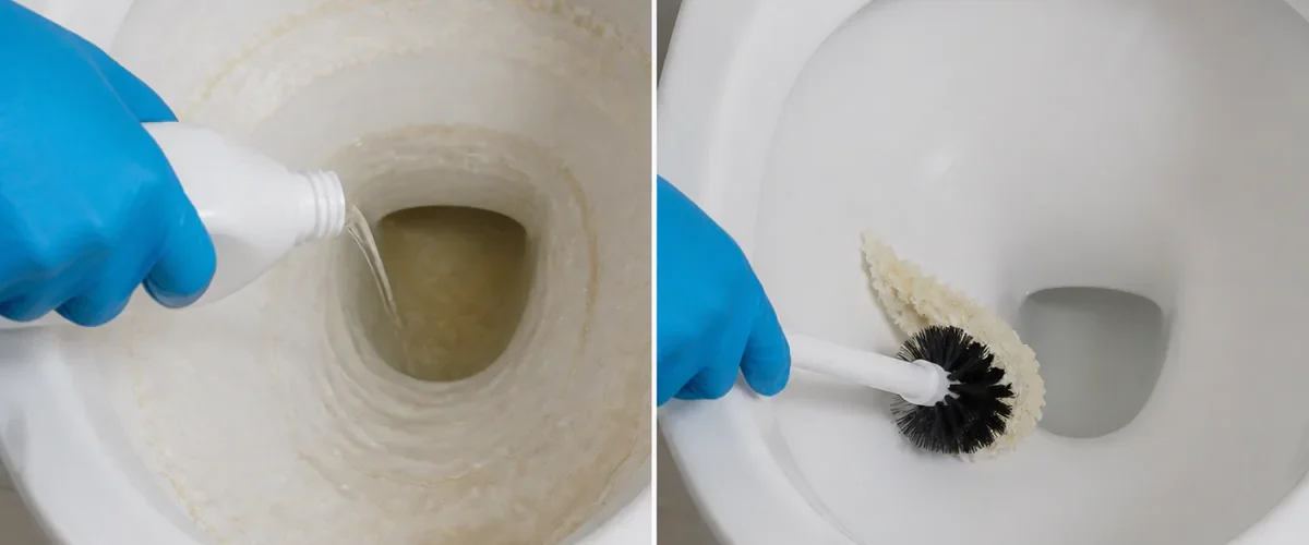 Photorealistic before-and-after toilet bowl with a gloved hand applying one approved mild descaler to a rough mineral ring after other cleaners are cleared before a gentle brush lifts the softened scale from intact white porcelain