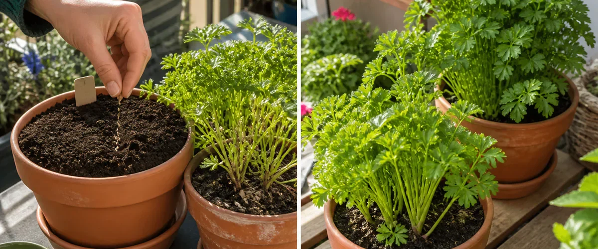 Photorealistic before-and-after kitchen garden with a hand sowing parsley seeds into a labeled section beside a partly harvested deep pot before several staggered lush parsley pots provide a believable steady harvest