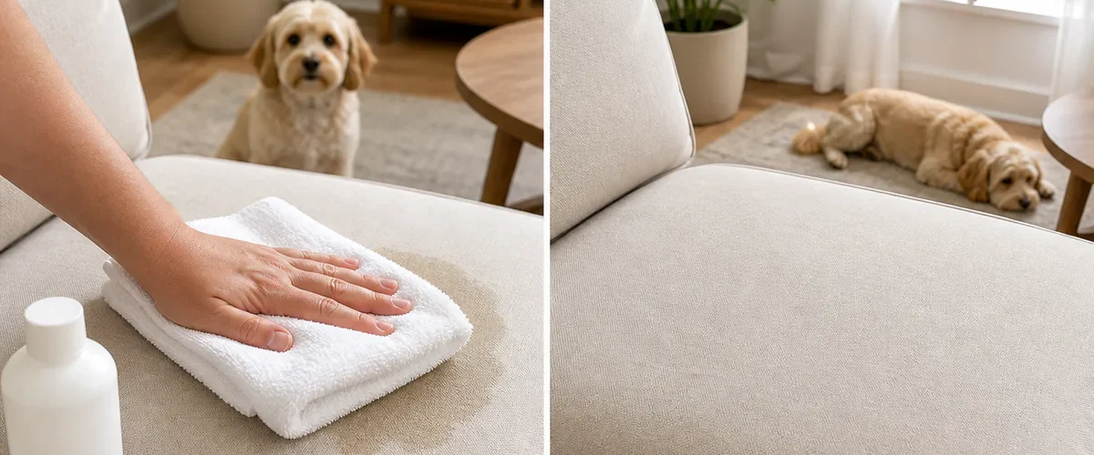 Photorealistic before-and-after fabric sofa with a hand pressing clean towels into a fresh pet accident before the same cushion is dry and clean while a small dog rests nearby