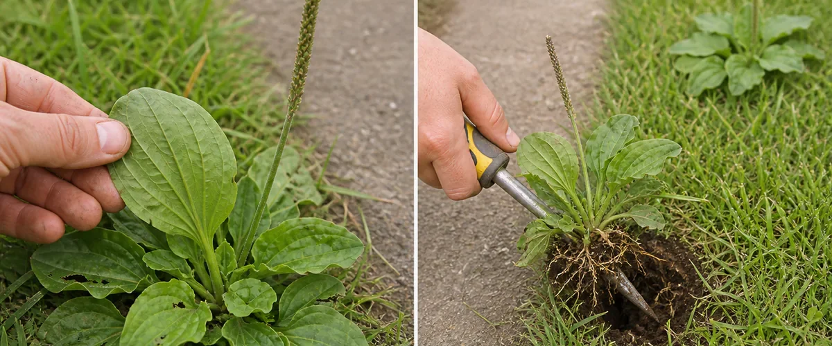 Photorealistic before-and-after lawn close-up with a bare hand gently turning over a broadleaf plantain leaf to reveal five strong veins before a clearly identified rosette is either kept in a small controlled patch or removed with its crown