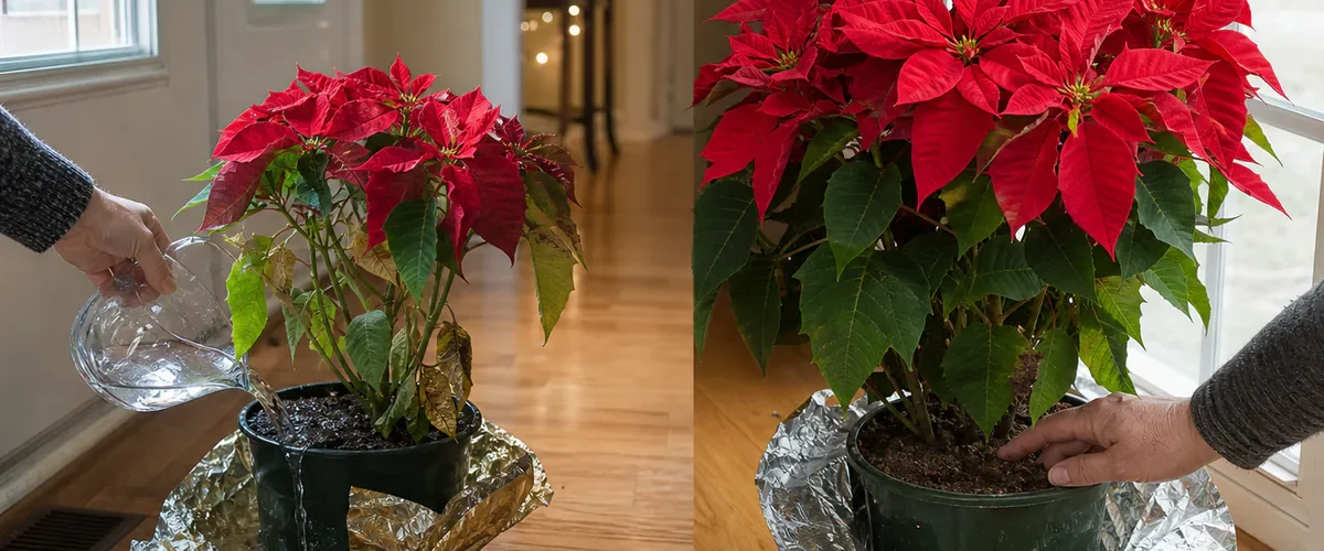 Photorealistic before-and-after poinsettia with a hand overwatering a leaf-dropping plant inside a foil-wrapped pot near a cold door before a full red plant receives bright window light and careful drainage
