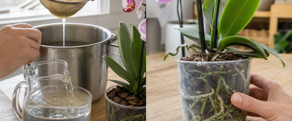 Photorealistic before-and-after orchid feeding with a hand straining and heavily diluting fresh unsalted potato water before applying a small amount to airy bark and later checking firm green roots and a healthy new leaf