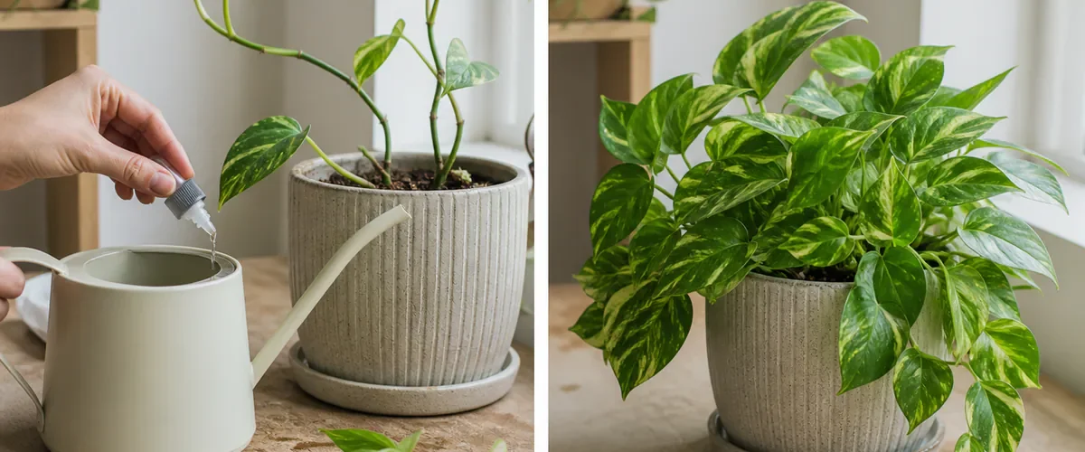 Photorealistic before-and-after pothos with a hand measuring a small dose of complete liquid houseplant fertilizer beside a thin vine before the same pot has believable dense healthy leaves and replanted cuttings