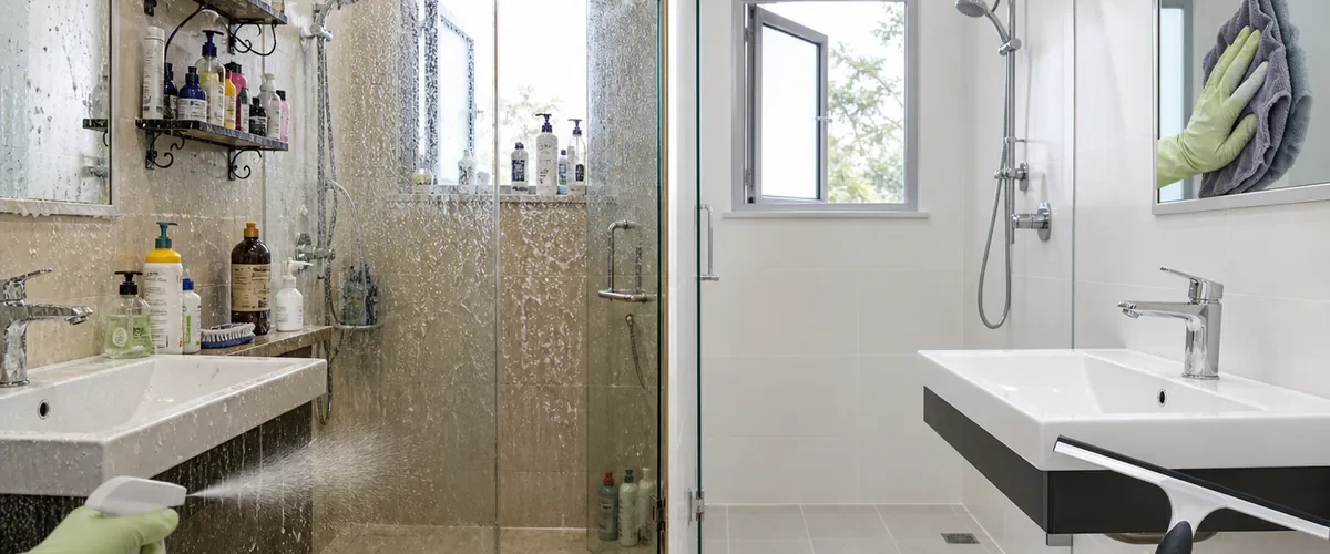 Photorealistic before-and-after bathroom with a gloved hand spraying a cluttered dusty shower before the room becomes bright dry and sparkling through a top-to-bottom microfiber and squeegee routine