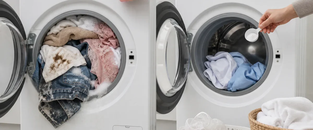 Photorealistic before-and-after washer with a hand choosing quick wash for an overfilled mixed load of stained jeans towels and lace before a small loose load of lightly soiled shirts receives a measured detergent dose