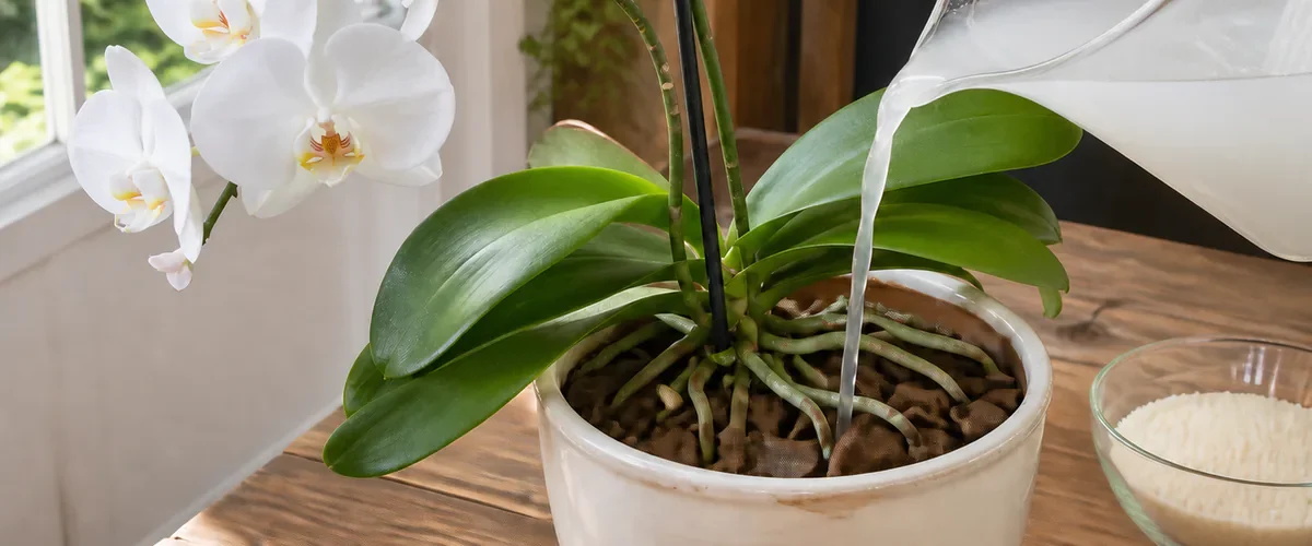 Diluted rice water being poured over the bark and roots of a white orchid