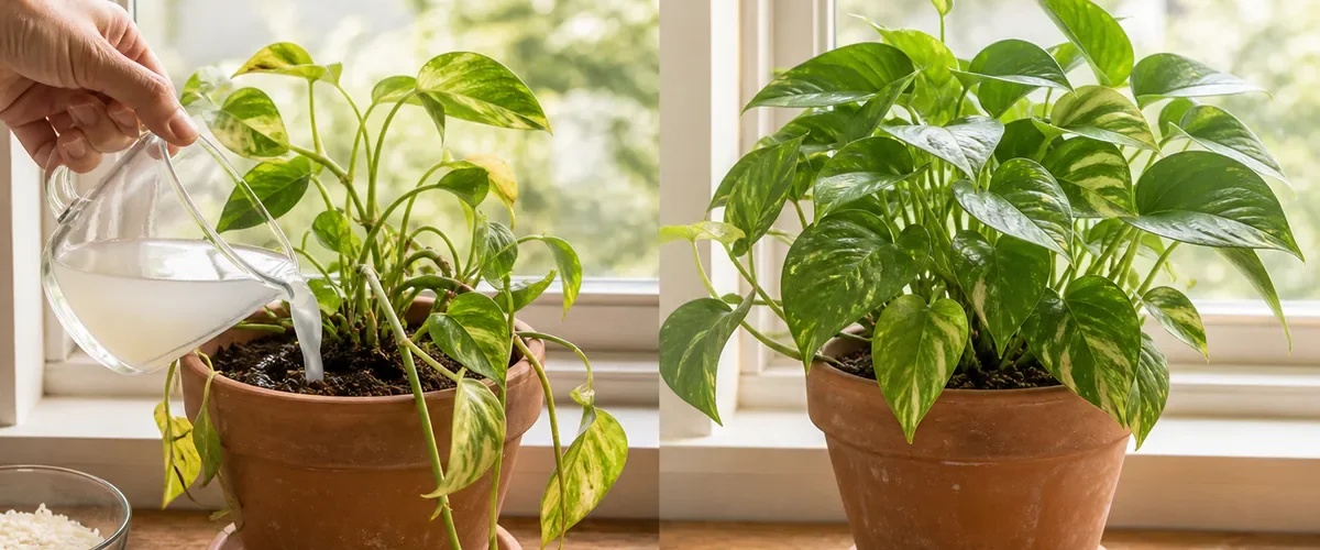 Photorealistic before-and-after pothos with a hand pouring diluted unsalted cloudy rice-rinse water into a draining pot before the same plant shows modest healthy green growth several weeks later