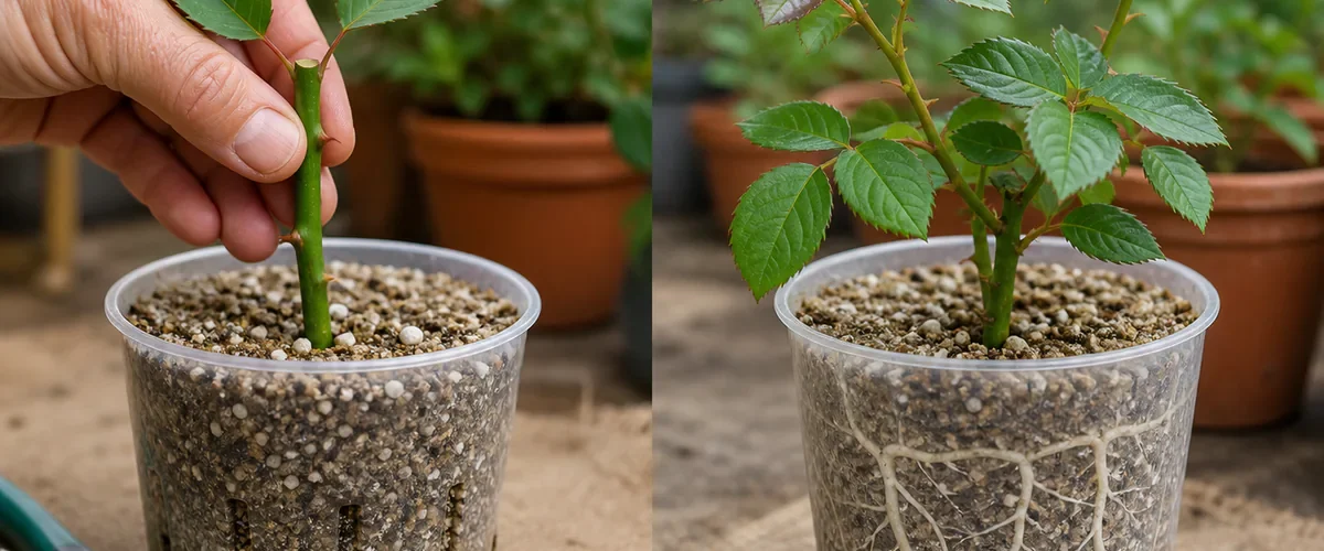 Photorealistic before-and-after rose propagation with a hand inserting a prepared green cutting into coarse sand and perlite before the same clear pot reveals healthy white roots and realistic new leaves