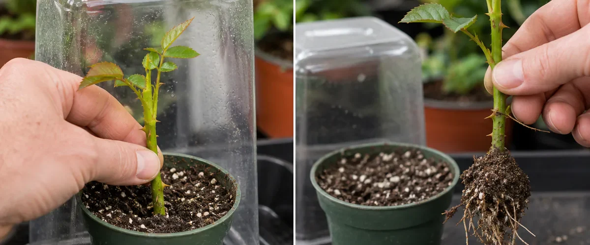 Photorealistic before-and-after propagation bench with a hand placing a clean trimmed rose cutting into sterile moist rooting mix under a loose clear cover before the same cutting weeks later has several visible healthy roots and fresh leaves without flowers