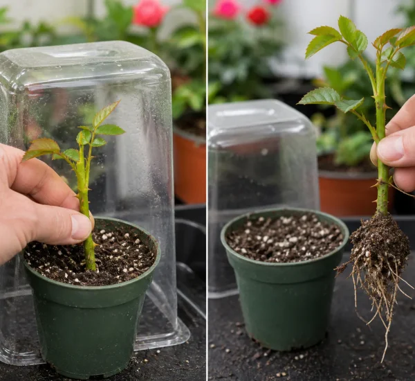 Photorealistic before-and-after propagation bench with a hand placing a clean trimmed rose cutting into sterile moist rooting mix under a loose clear cover before the same cutting weeks later has several visible healthy roots and fresh leaves without flowers