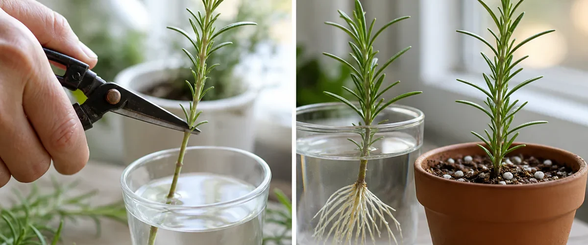 Photorealistic before-and-after propagation scene with a hand making a clean cut below a rosemary node and stripping lower leaves before several firm pale roots show through a clear water glass beside a newly potted healthy rosemary cutting