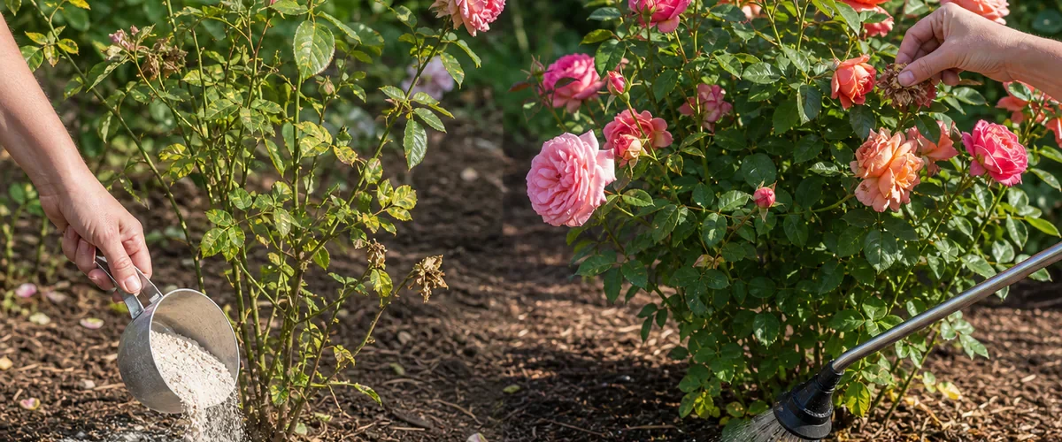 Photorealistic before-and-after rose care with a hand dumping excess miracle powder around a tired bush before a healthy repeat-blooming rose receives deep root watering and careful deadheading in full sun