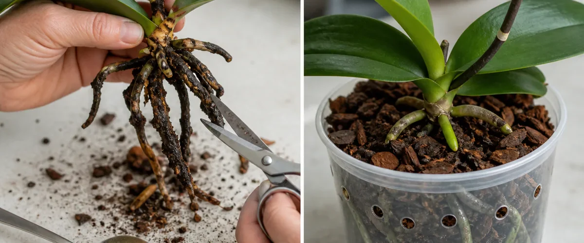 Photorealistic before-and-after orchid rescue with a hand holding a spoon of cinnamon aside while sterile scissors remove dark mushy roots before fresh bark firm roots and new green growth