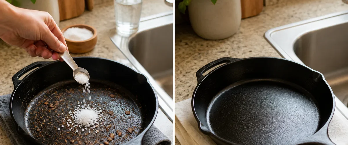Photorealistic before-and-after kitchen counter with a hand using one teaspoon of coarse salt to gently clean an approved cast-iron pan while a full glass remains away from the drain before the dry seasoned pan and undamaged sink shine