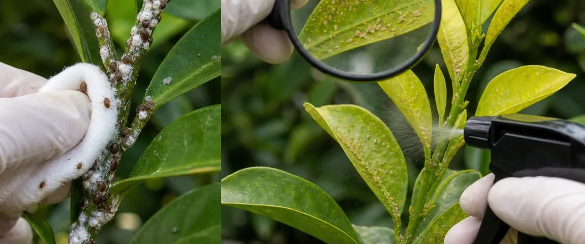 Photorealistic before-and-after scale control with many realistic white mealybugs and brown scale on a citrus stem while a gloved hand wipes adults before returning days later to inspect tiny visible crawlers and apply labeled horticultural oil